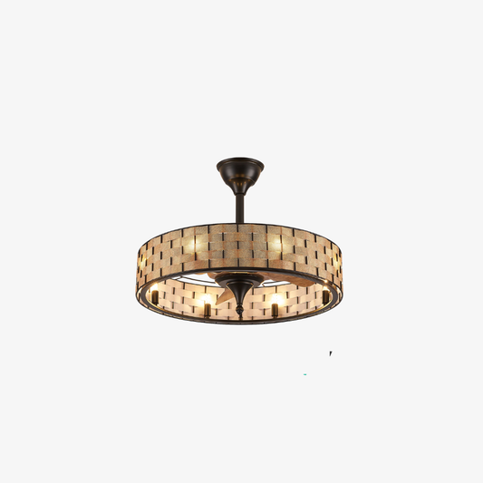 Ventilateur de plafond LED avec abat-jour en tambour tressé et cadre grillagé - Style ferme