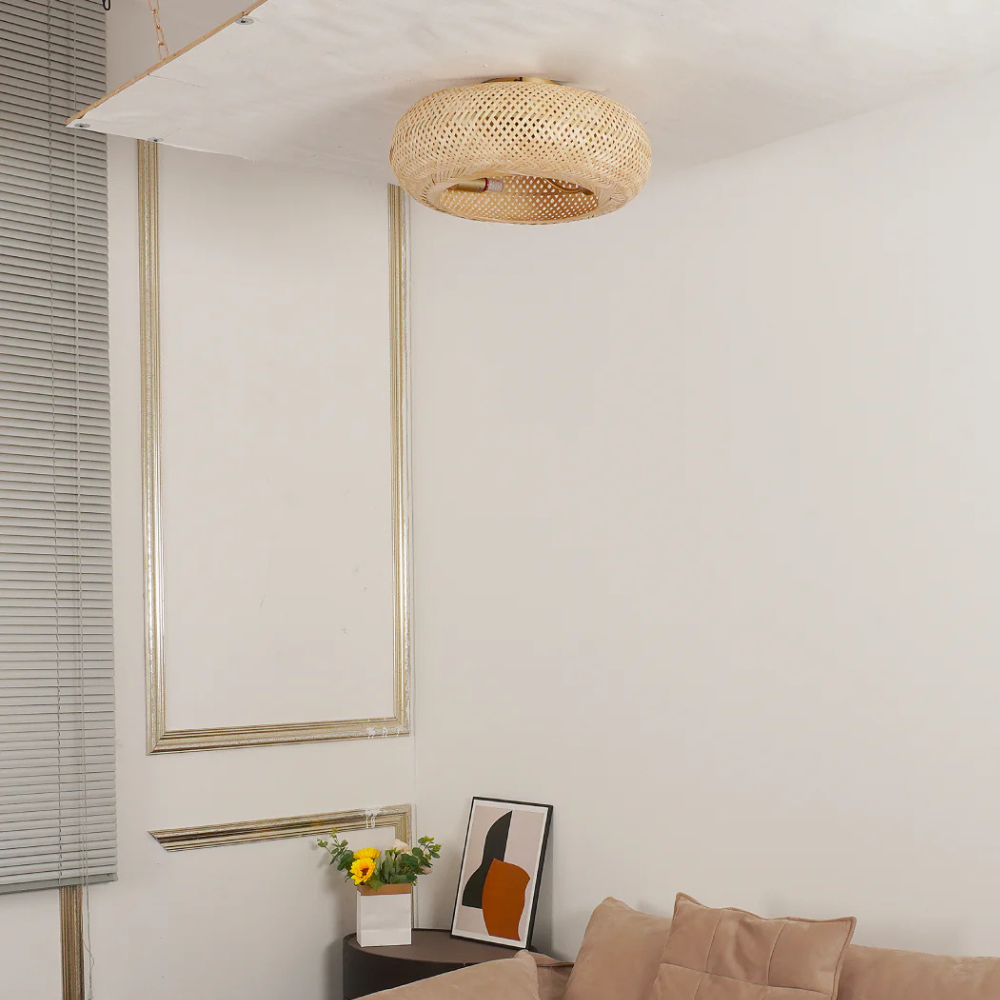 Flush Mount Ceiling Fan Light Woven Bamboo Shade - Coastal Boho Decor