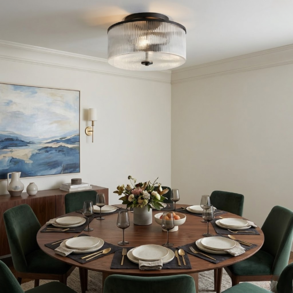 Modern Fluted Glass Drum Flush Mount - Ribbed Glass Ceiling Light