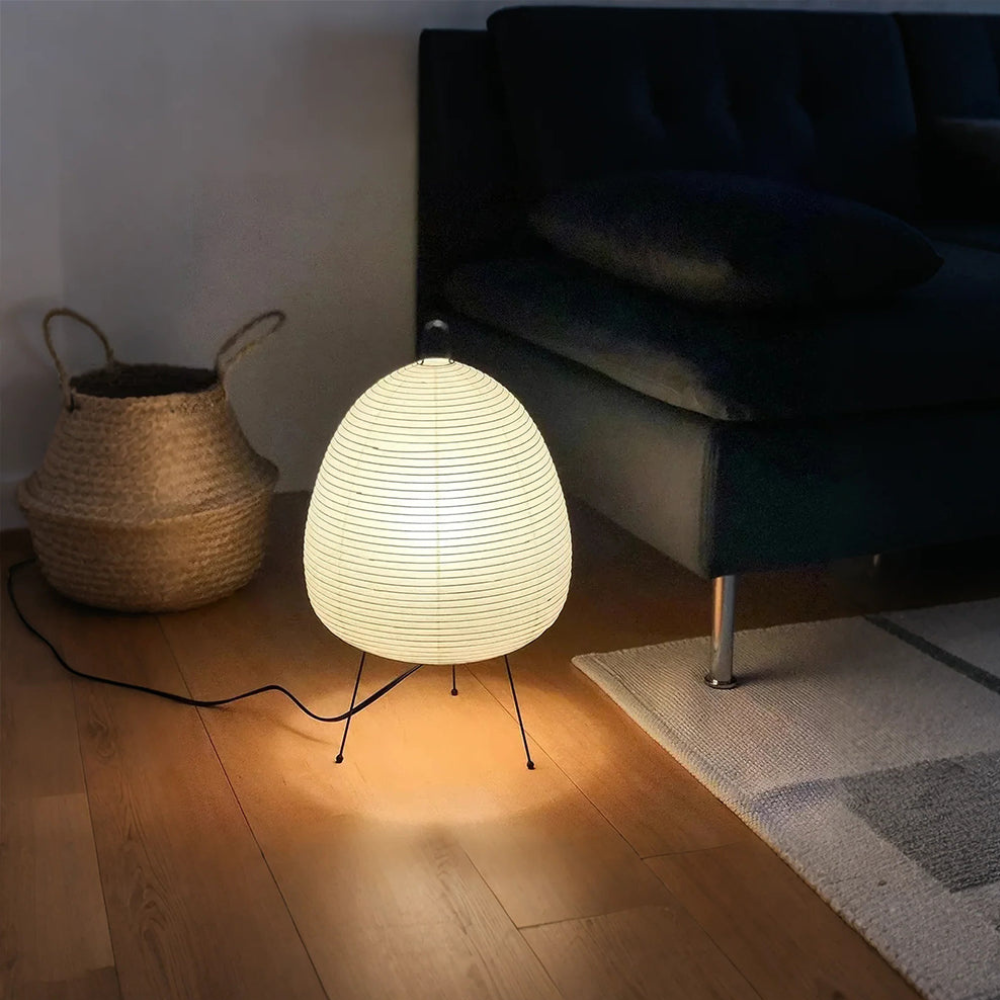 Paper Lantern Table Lamp with Tripod Metal Base - Mid Century Japanese