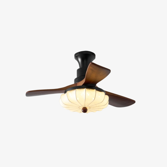 Ventilateur de plafond avec lumière et abat-jour en tissu artisanal Lotus - Style moderne serein
