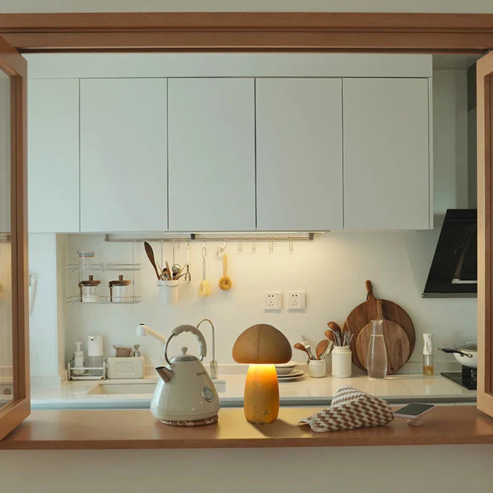 Cordless Mushroom Table Lamp in Carved Wood Mushroom - Rechargeable LED Style