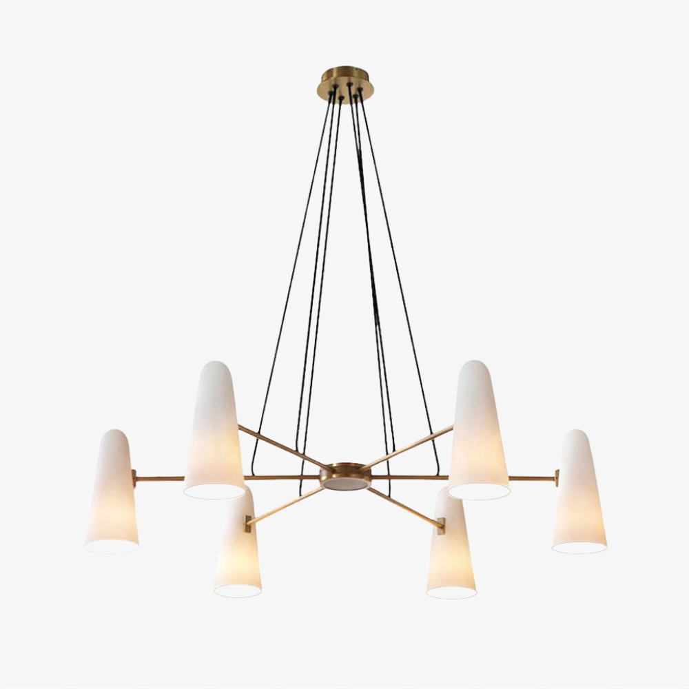 Lustre avec abat-jours en verre conique et cadre métallique - Moderne milieu du siècle
