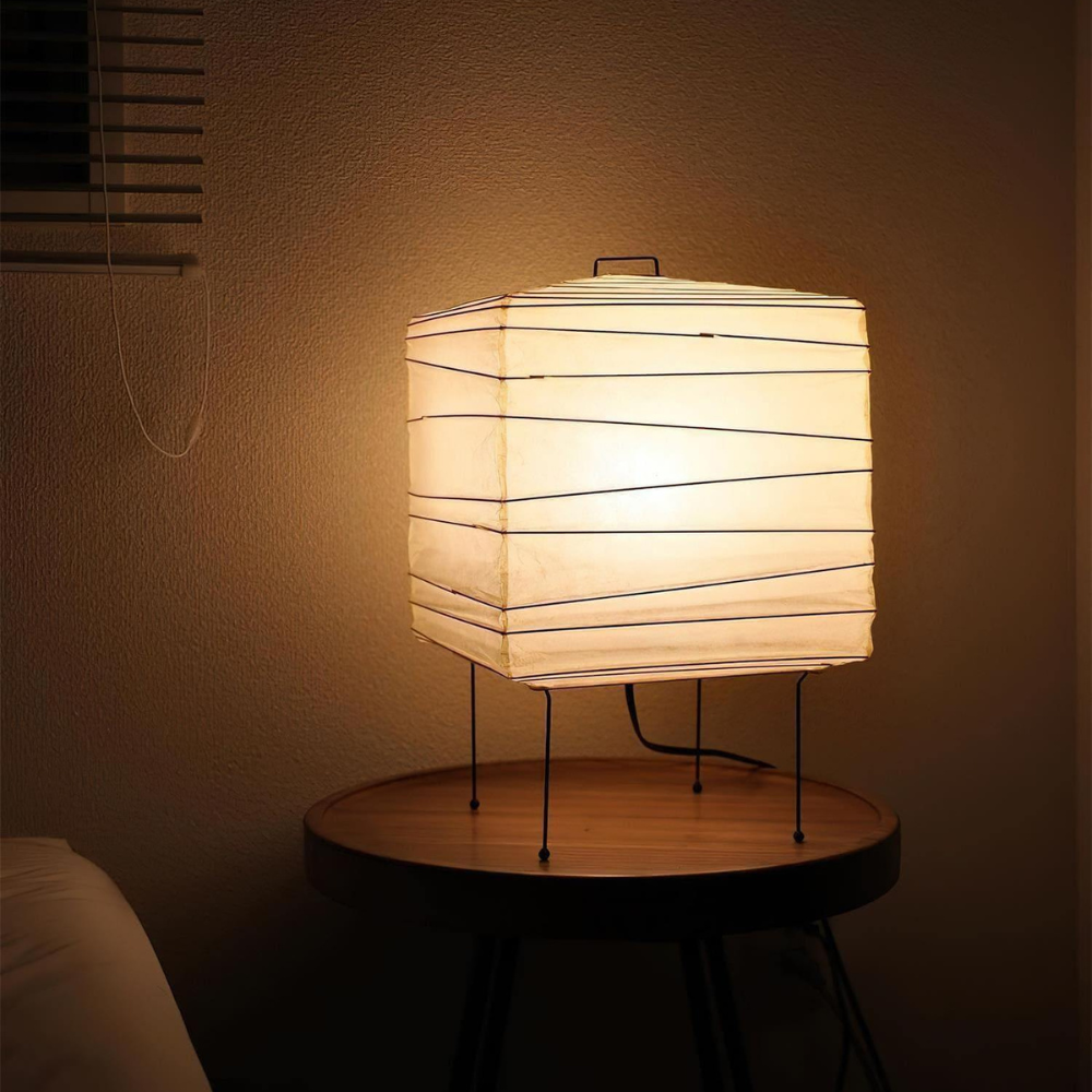 Japanese Paper Lantern Table Lamp with Metal Handle - Wabi Sabi Design