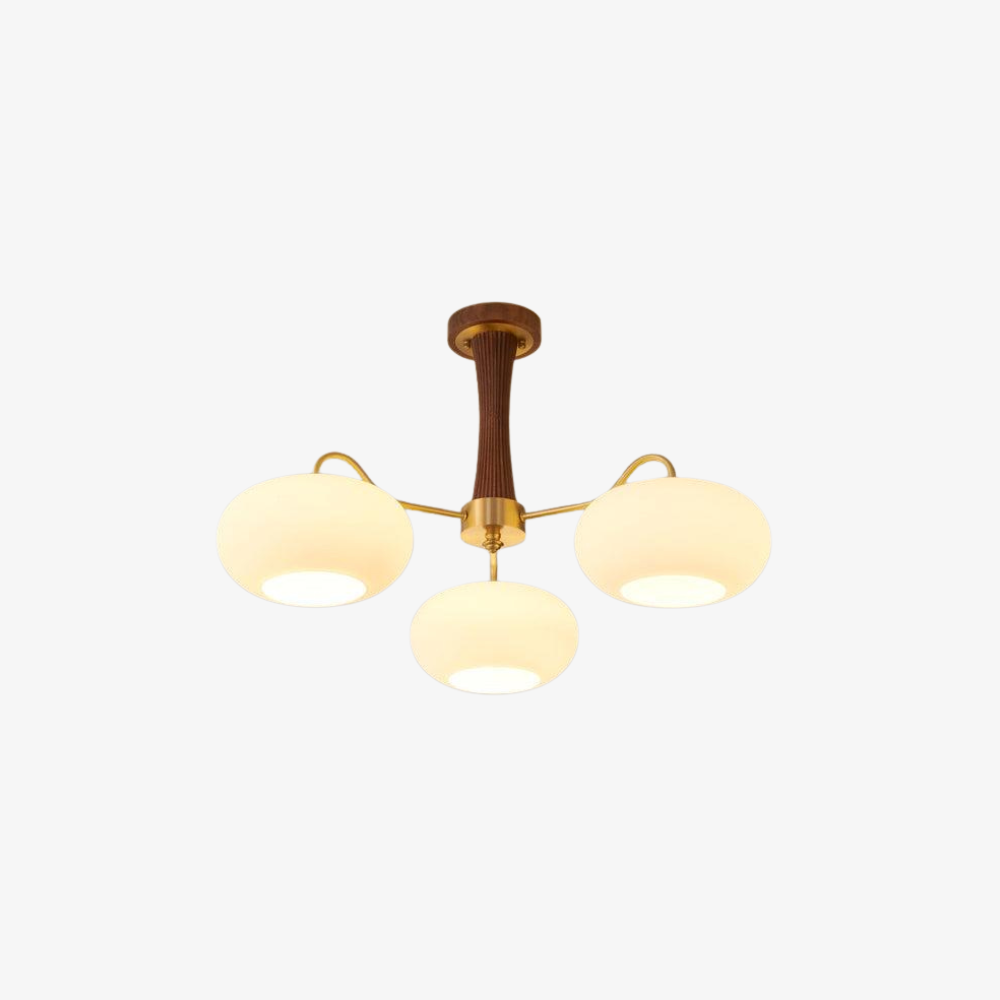 Chandelier with Walnut Wood and Persimmon Glass Shades - Modern Mid Century