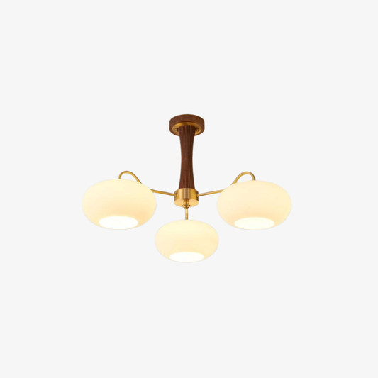 Chandelier with Walnut Wood and Persimmon Glass Shades - Modern Mid Century