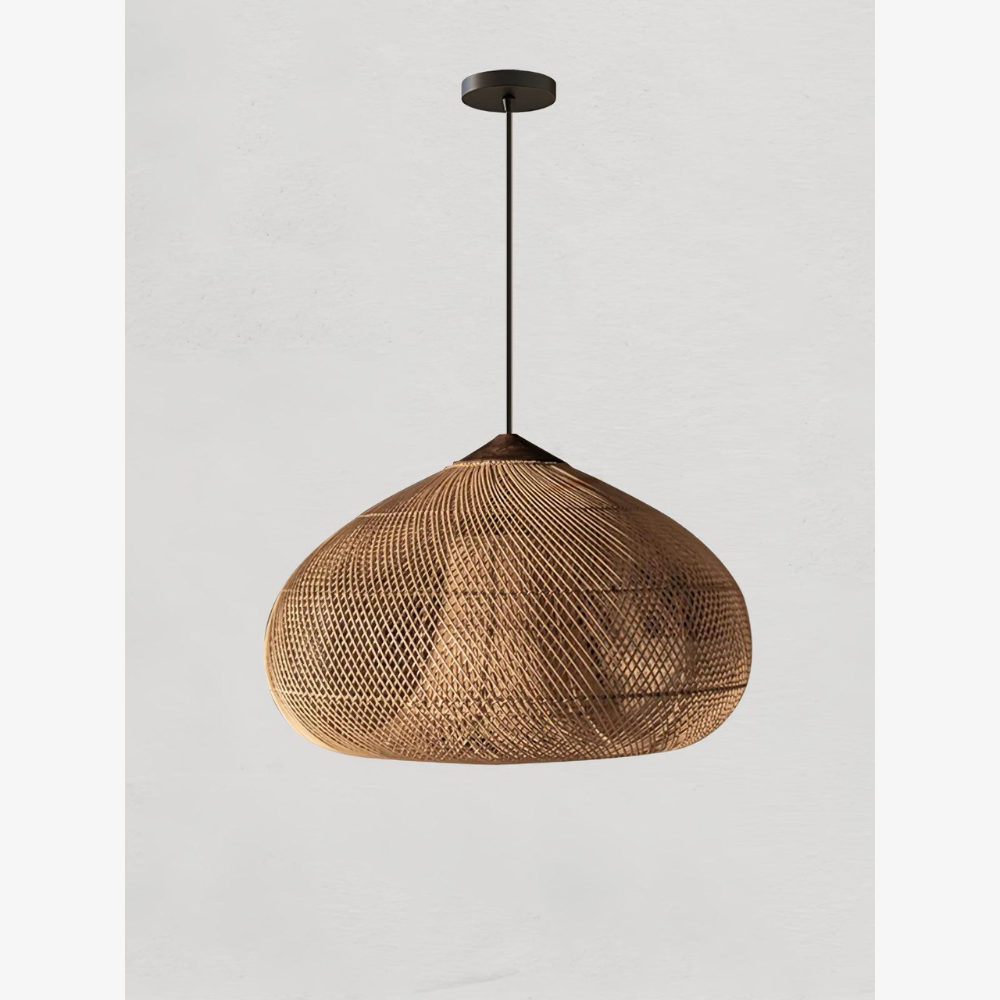 Modern Rattan Silhouette Pendant Light - Woven Basket Hanging Lamp with Wood Cap