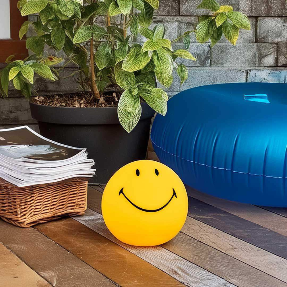 Smiley Face Table Lamp with Yellow Globe Shade - Modern Mid Century