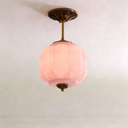 Ribbed Pumpkin Hanging Lamp with Ornate Metalwork - Mid Century Design