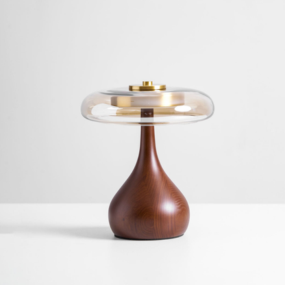 Mid-Century Modern Amber Glass and Walnut Wood LED Mushroom Table Lamp