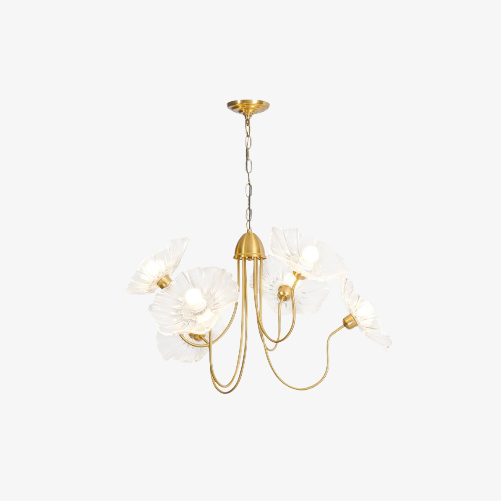 Chandelier with Flower Glass Shades and Gold Metal Frame - Modern Art Deco