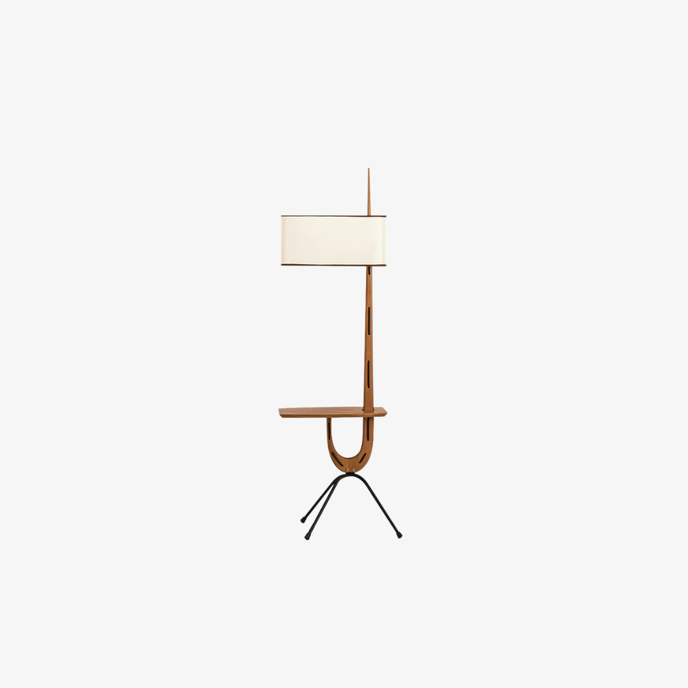 Modern floor lamp with Integrated Shelf and Organic Wooden Frame - Mid-Century
