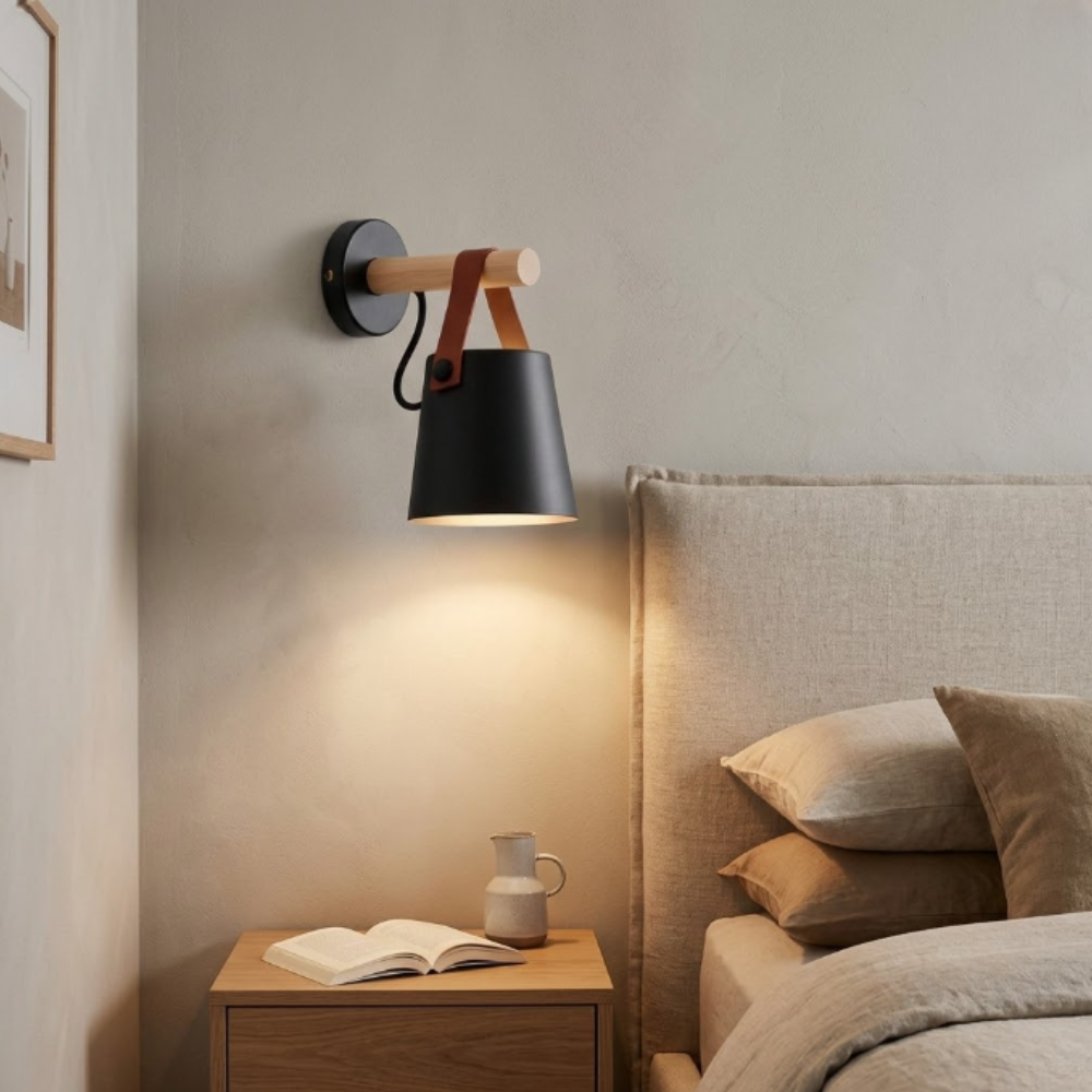 Nordische Wandleuchte mit Lederband und Holzarm – Moderne konische Hängeleuchte