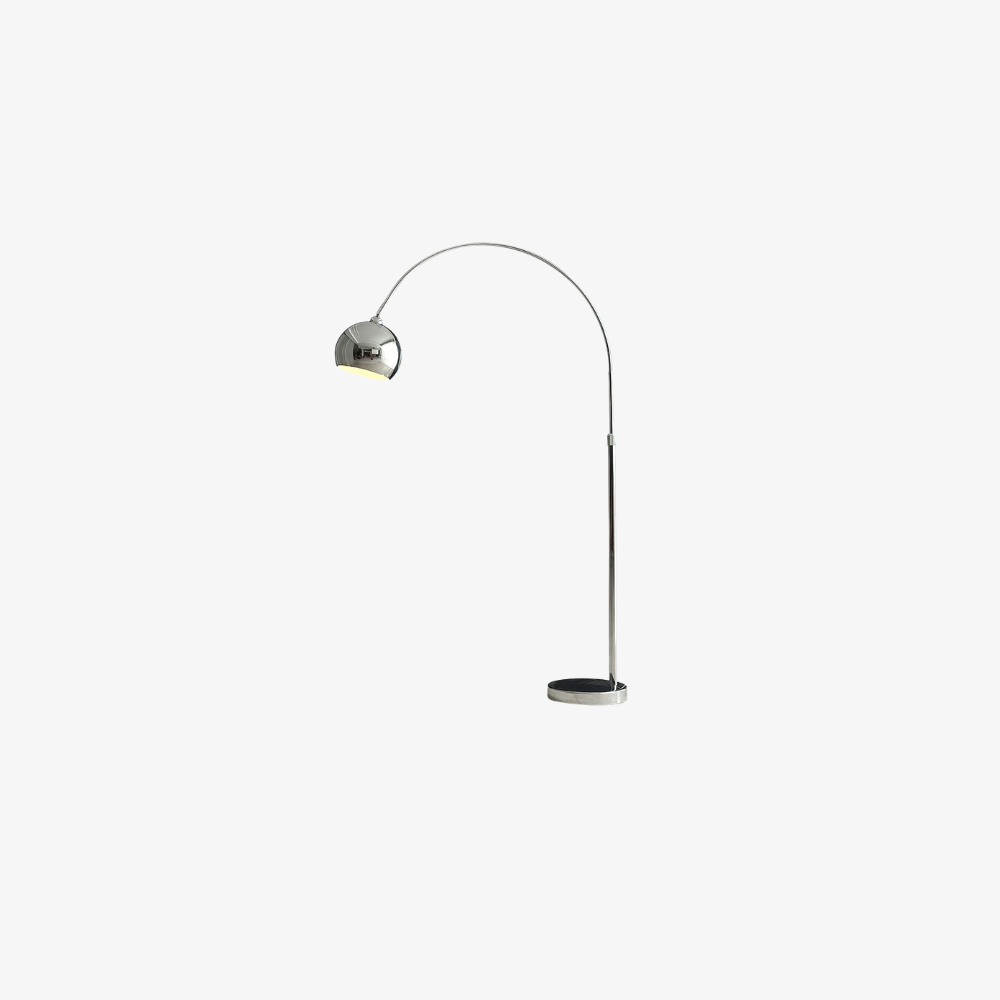 Bogen-Stehlampe mit kugelförmigem Metallschirm und Edelstahlgestell