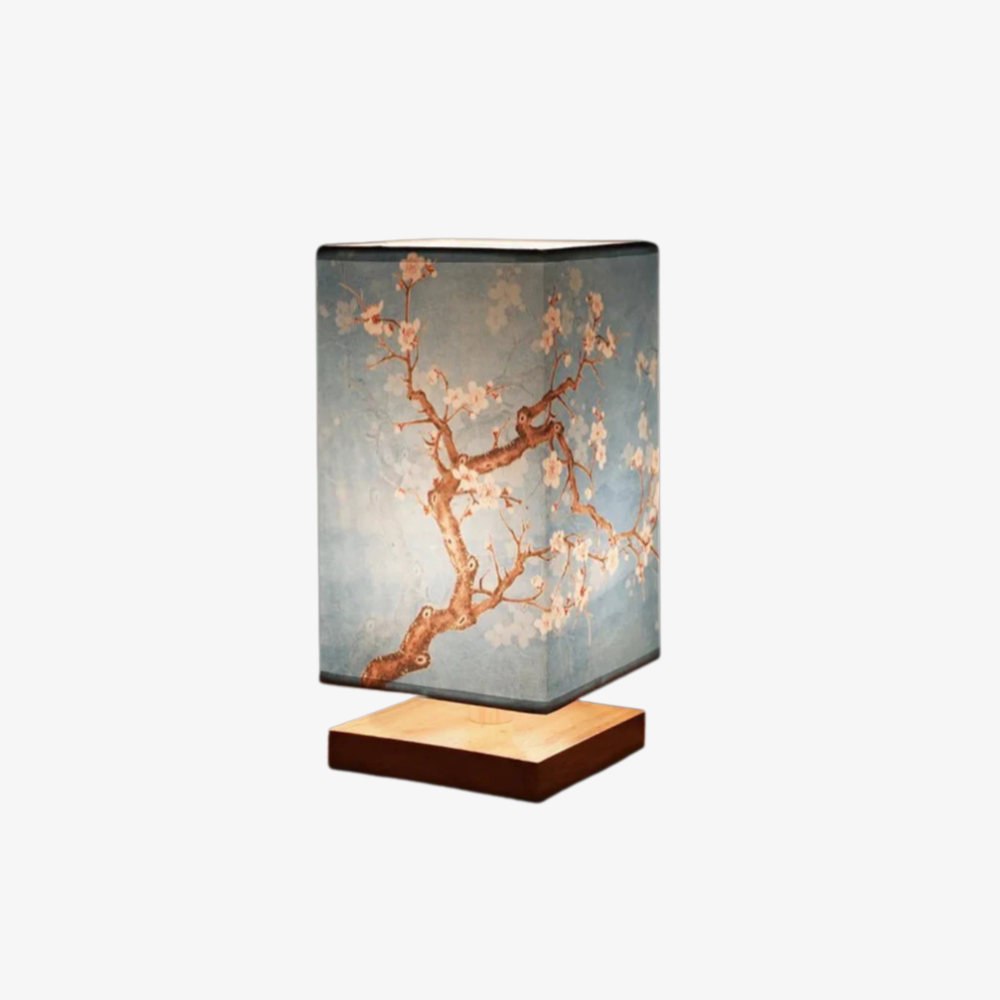 Asiatisch inspirierte Stoffboxlampe mit Holzsockel – Künstlerische Blumenakzentlampe