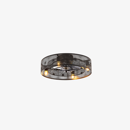 Flush Mount Ceiling Fan with Light and Lattice Metal Drum Shade - Black
