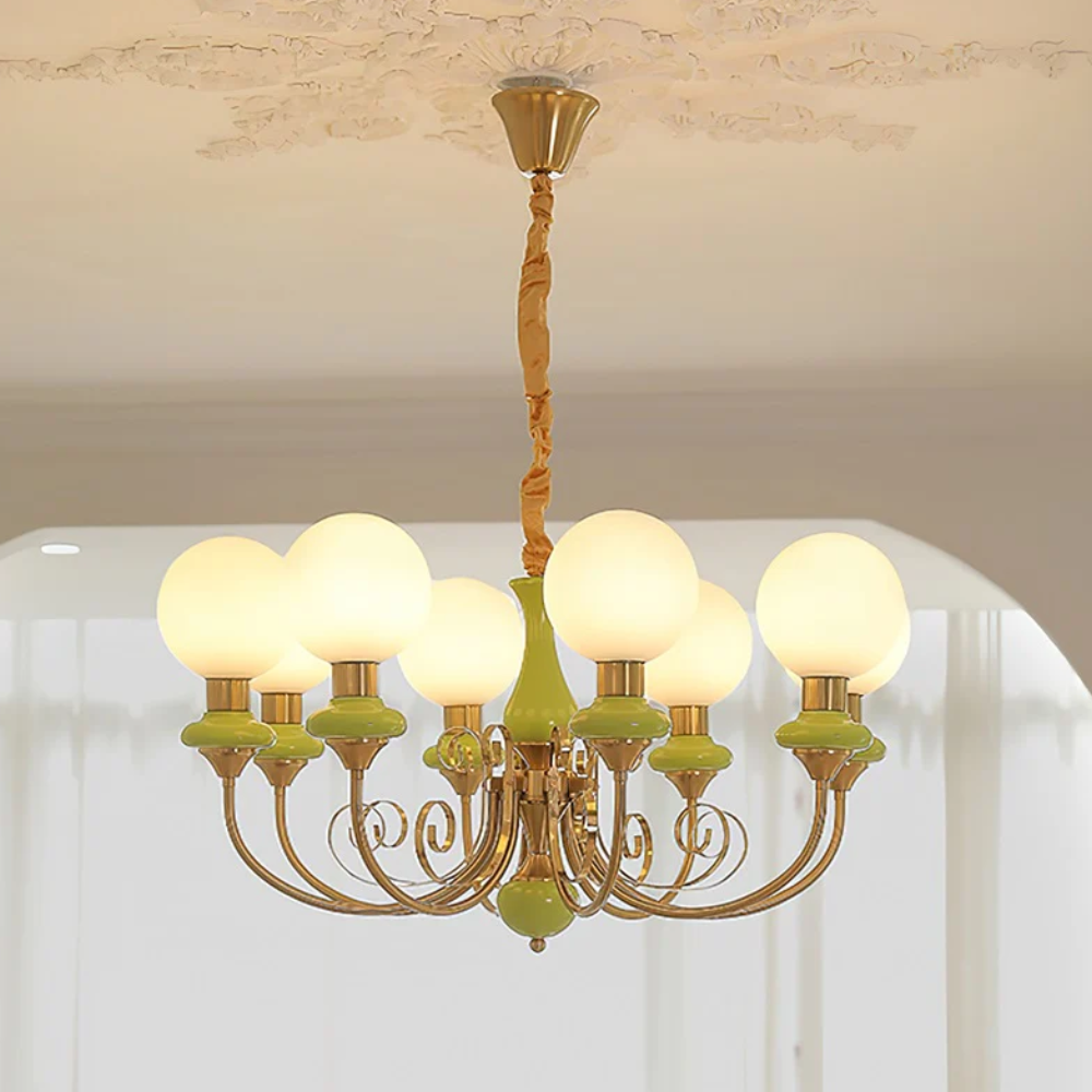 Chandelier with Milky Glass Globes and Scrollwork Frame - Vintage French Style