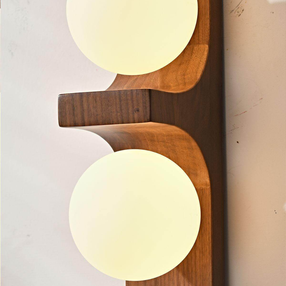 Double Orb Wall Sconce with Carved Wood Base - Mid Century Modern