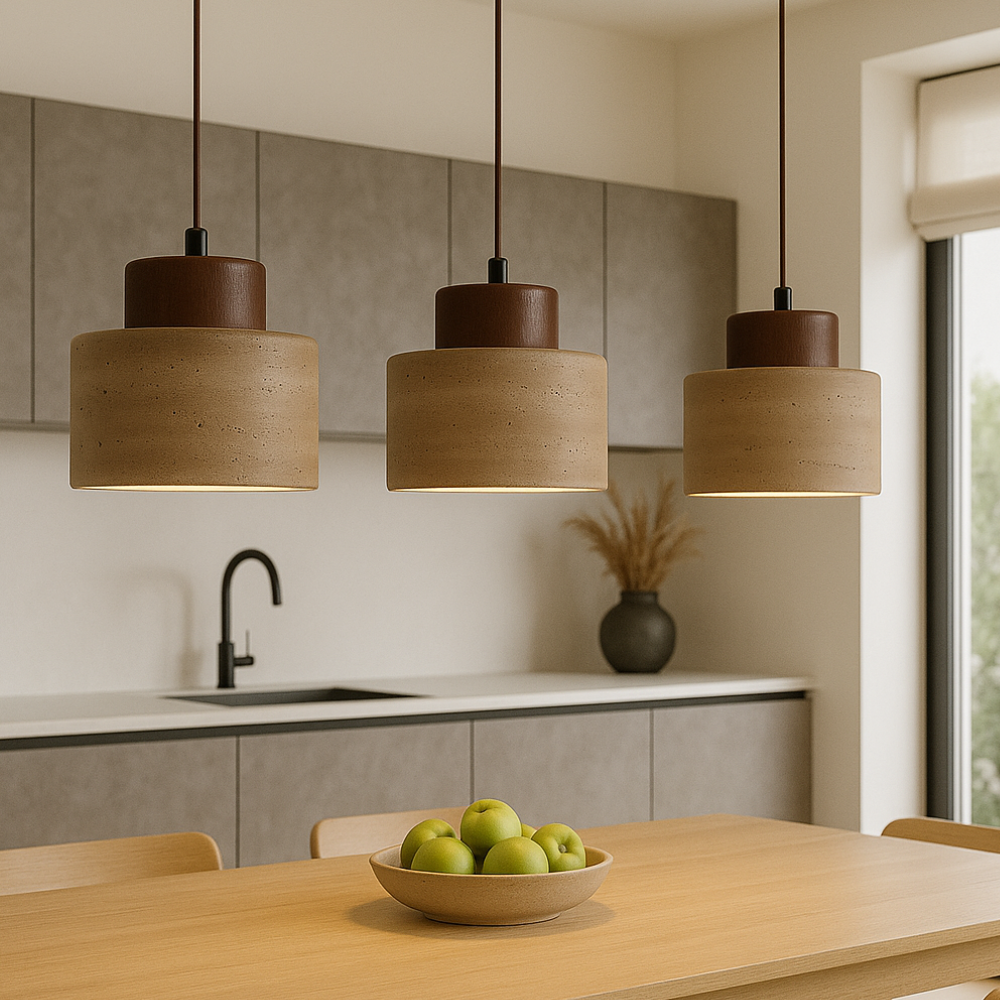 Travertine Stone Pendant Light with Wood Cap - Modern Wabi-Sabi