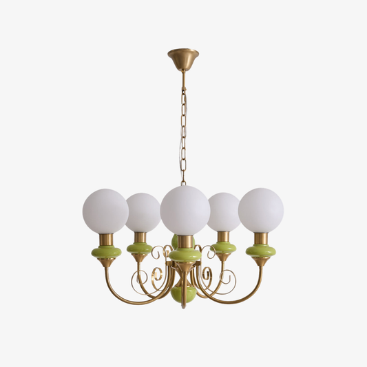 Chandelier with Milky Glass Globes and Scrollwork Frame - Vintage French Style