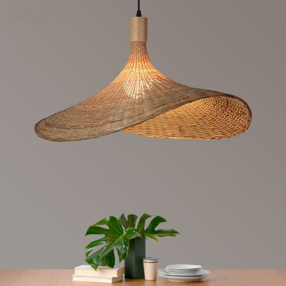 Woven Bamboo Sun Hat Pendant Light - Coastal Boho Decor