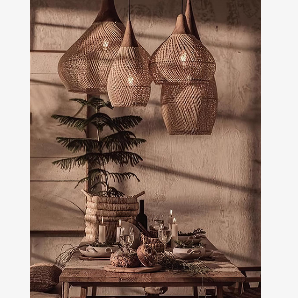 Modern Rattan Silhouette Pendant Light - Woven Basket Hanging Lamp with Wood Cap