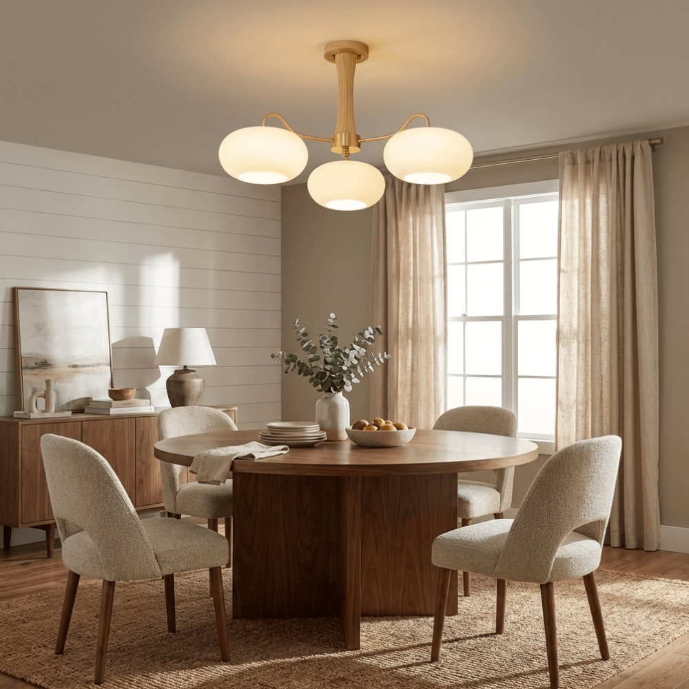 Chandelier with Walnut Wood and Persimmon Glass Shades - Modern Mid Century
