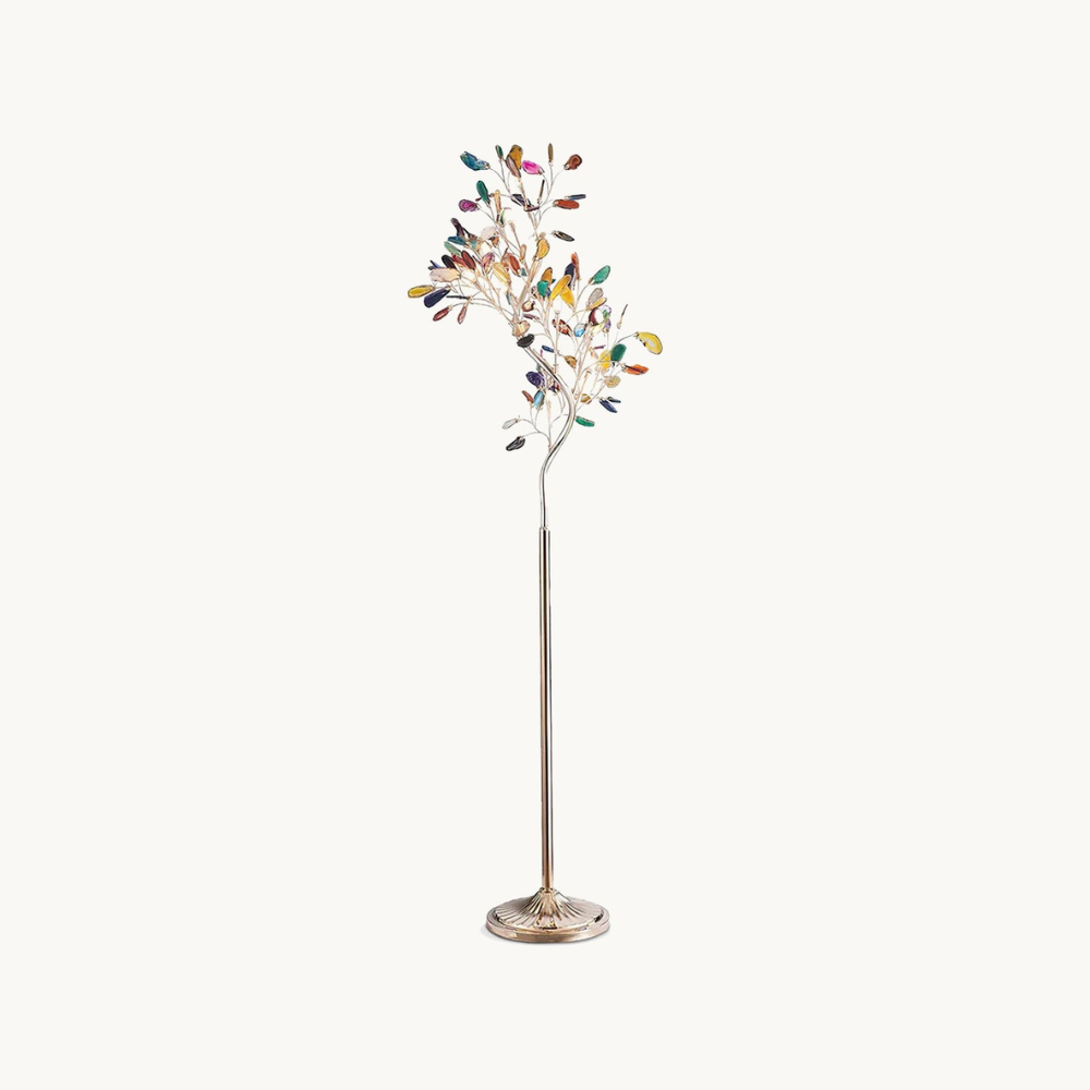 Stehlampe mit natürlichen Achatstein-Blättern und Metallgestell in Astform