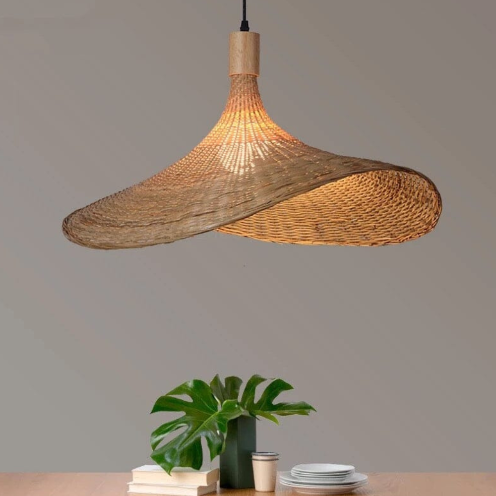 Woven Bamboo Sun Hat Pendant Light - Coastal Boho Decor