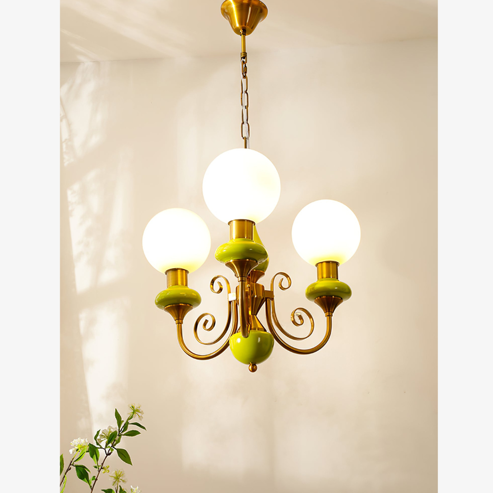 Chandelier with Milky Glass Globes and Scrollwork Frame - Vintage French Style
