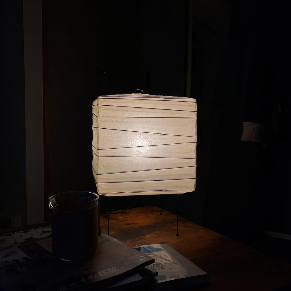Japanese Paper Lantern Table Lamp with Metal Handle - Wabi Sabi Design