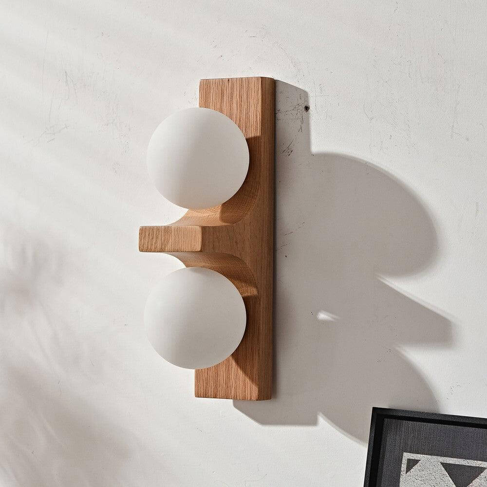 Double Orb Wall Sconce with Carved Wood Base - Mid Century Modern