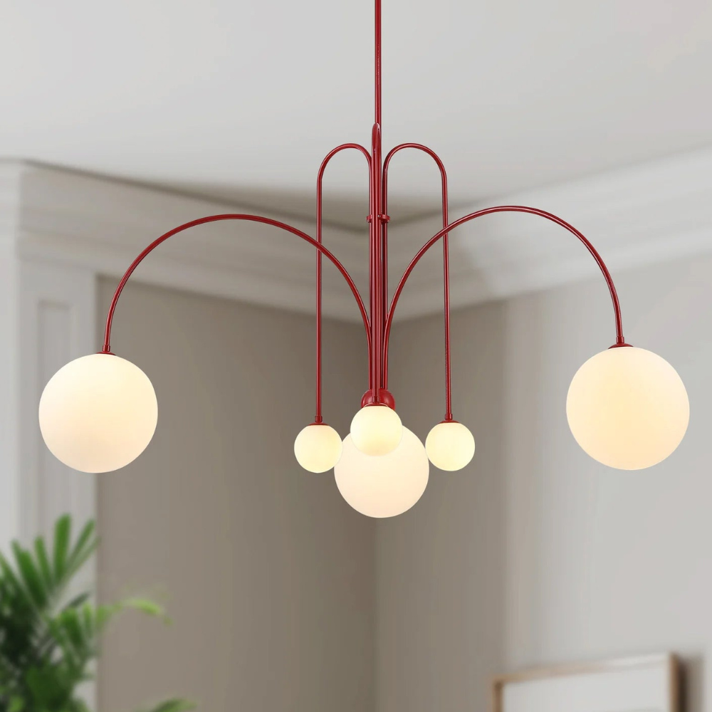 Chandelier with Arched Arms and Frosted Globes - Modern Mid Century