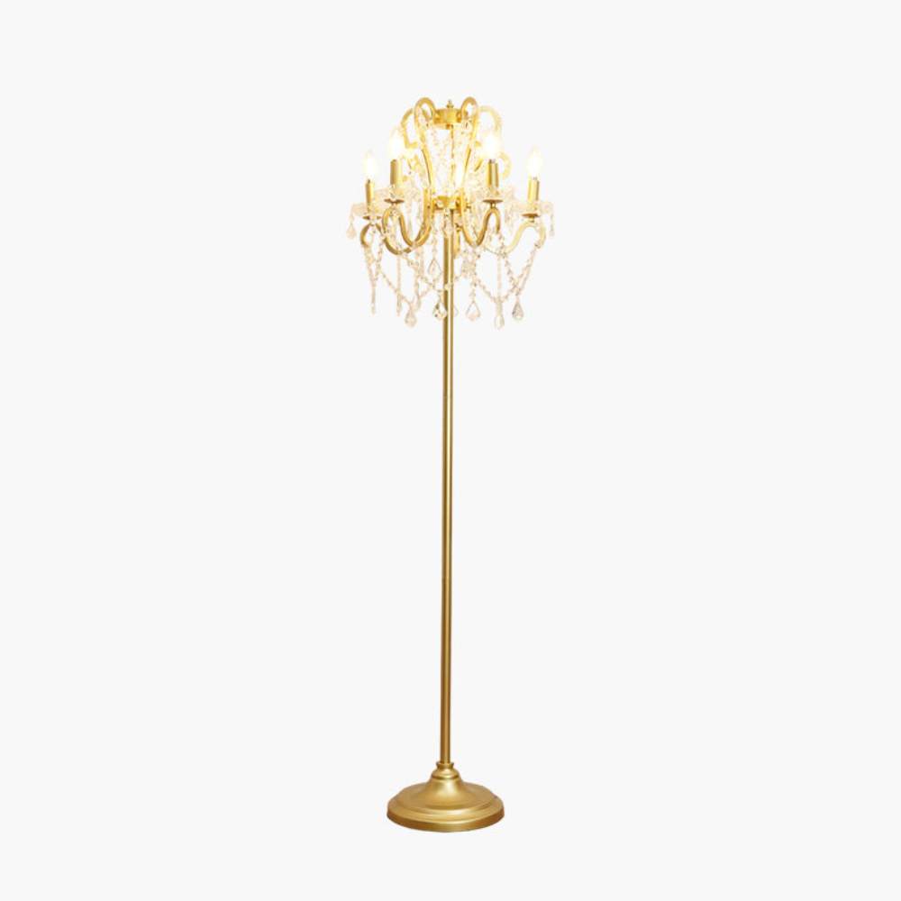Dimmbare Stehlampe mit kunstvollem Eisenornament und facettierten Kristallsträngen