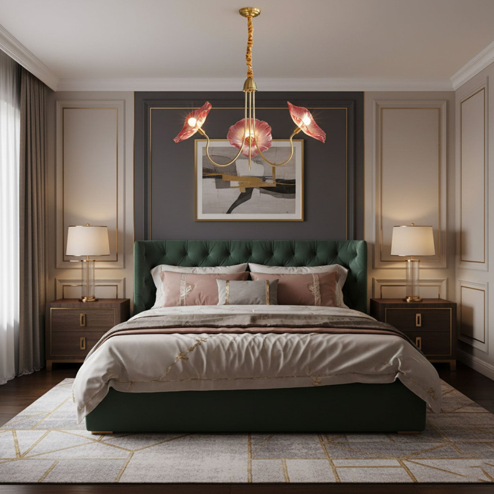 Chandelier with Flower Glass Shades and Gold Metal Frame - Modern Art Deco