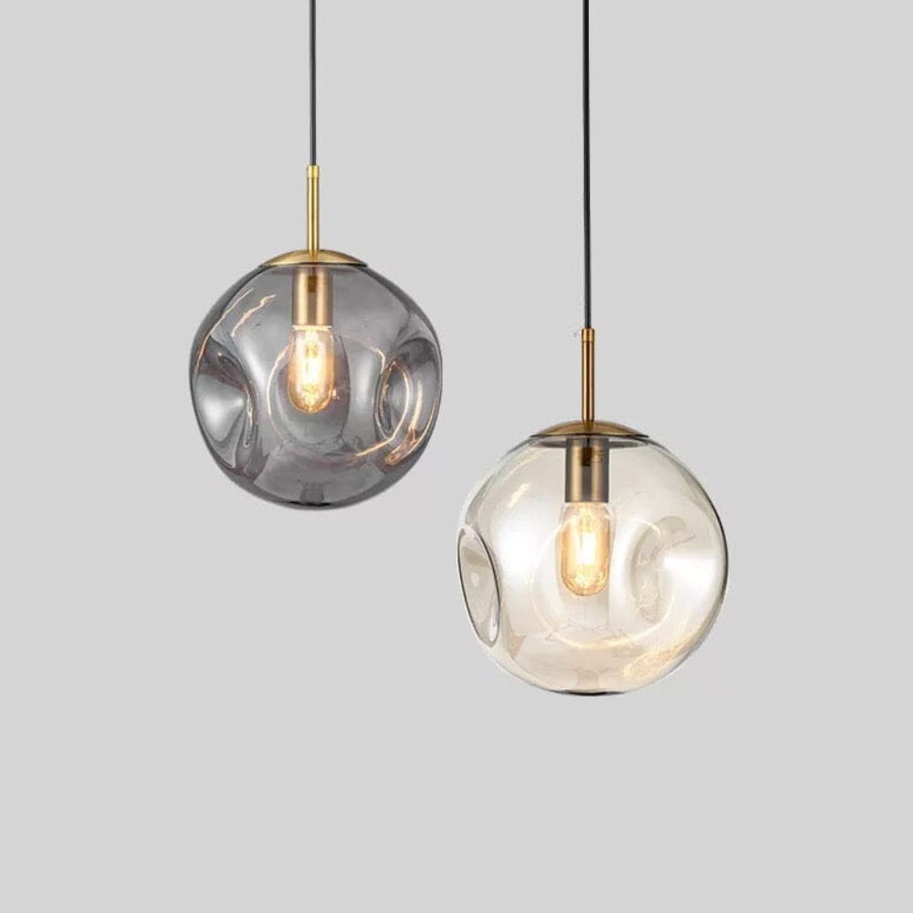 Indented Glass Globe Pendant Light - Smoky or Amber Tinted Orb