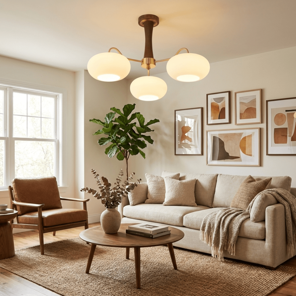 Chandelier with Walnut Wood and Persimmon Glass Shades - Modern Mid Century