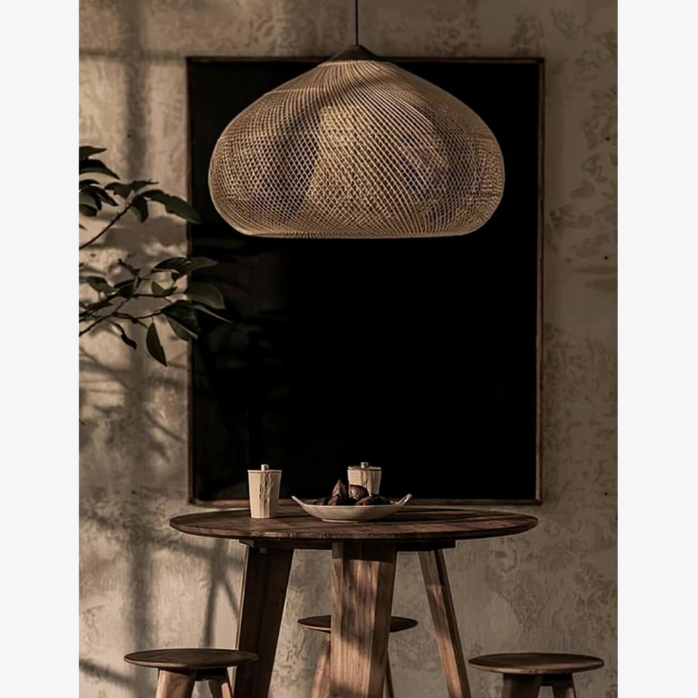 Modern Rattan Silhouette Pendant Light - Woven Basket Hanging Lamp with Wood Cap