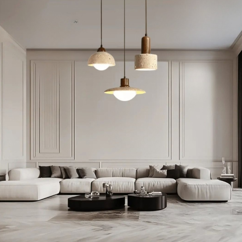 Suspension style travertin Wabi-Sabi avec bois massif - Décor moderne et naturel