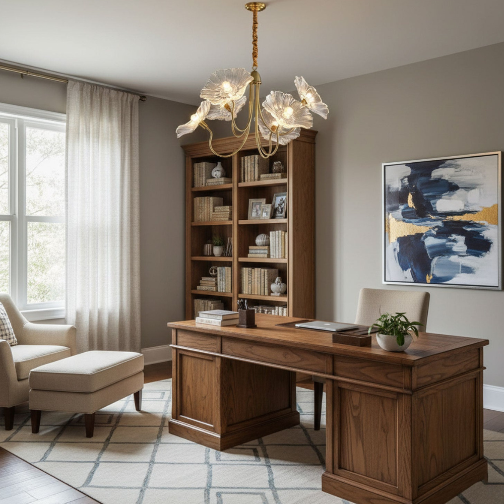 Chandelier with Flower Glass Shades and Gold Metal Frame - Modern Art Deco