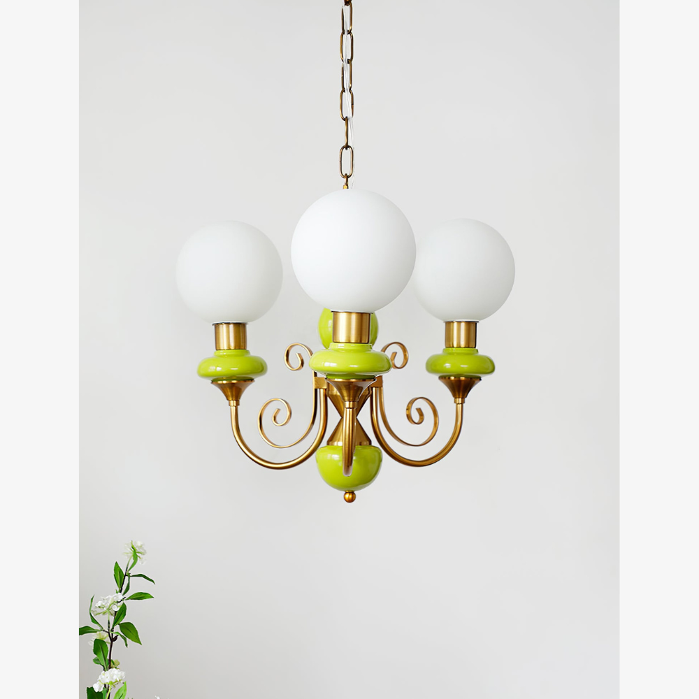 Chandelier with Milky Glass Globes and Scrollwork Frame - Vintage French Style