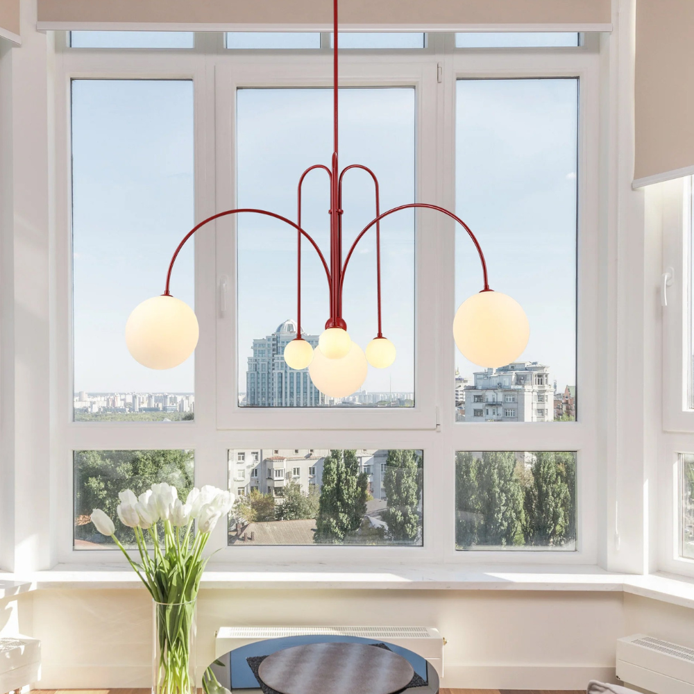 Chandelier with Arched Arms and Frosted Globes - Modern Mid Century