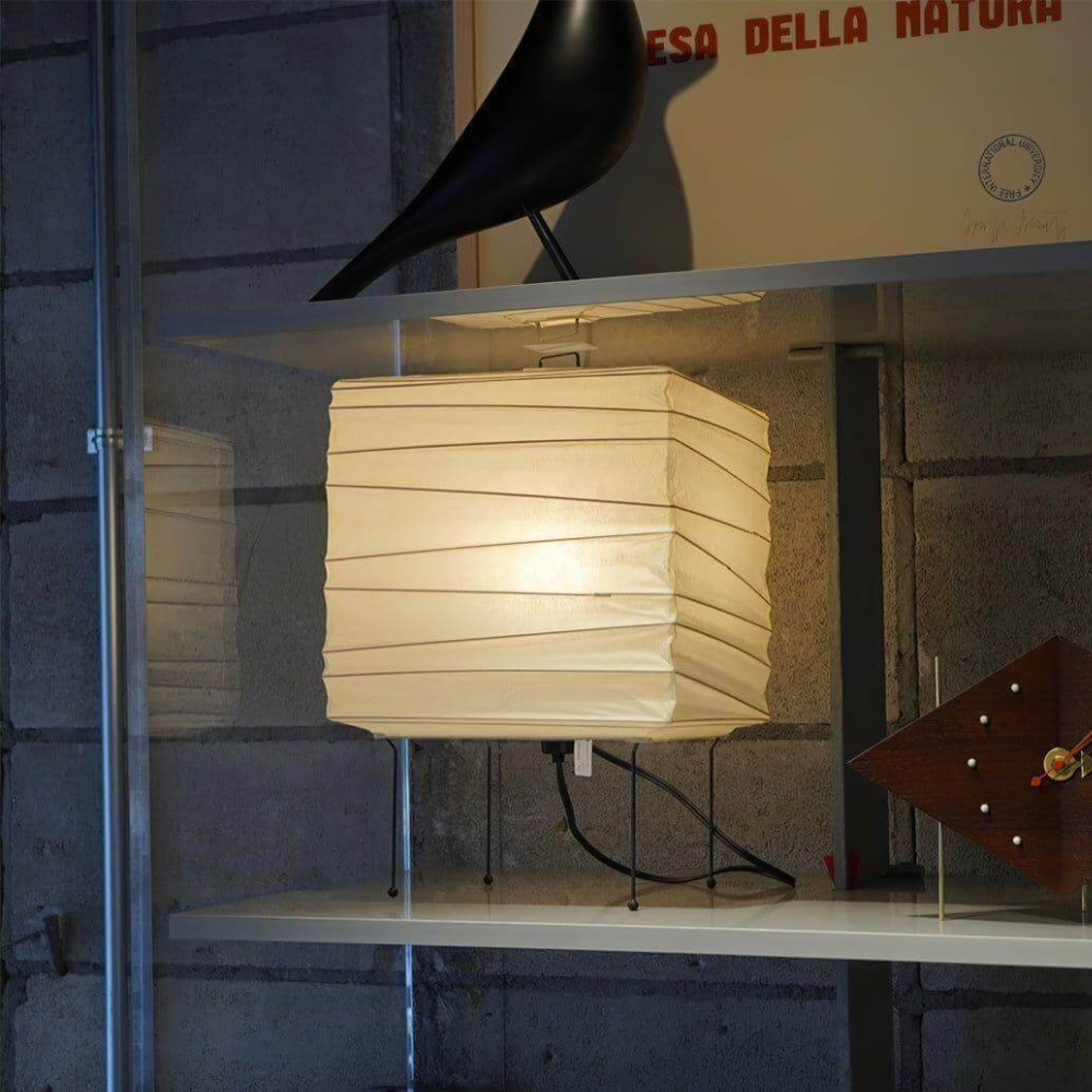 Japanese Paper Lantern Table Lamp with Metal Handle - Wabi Sabi Design