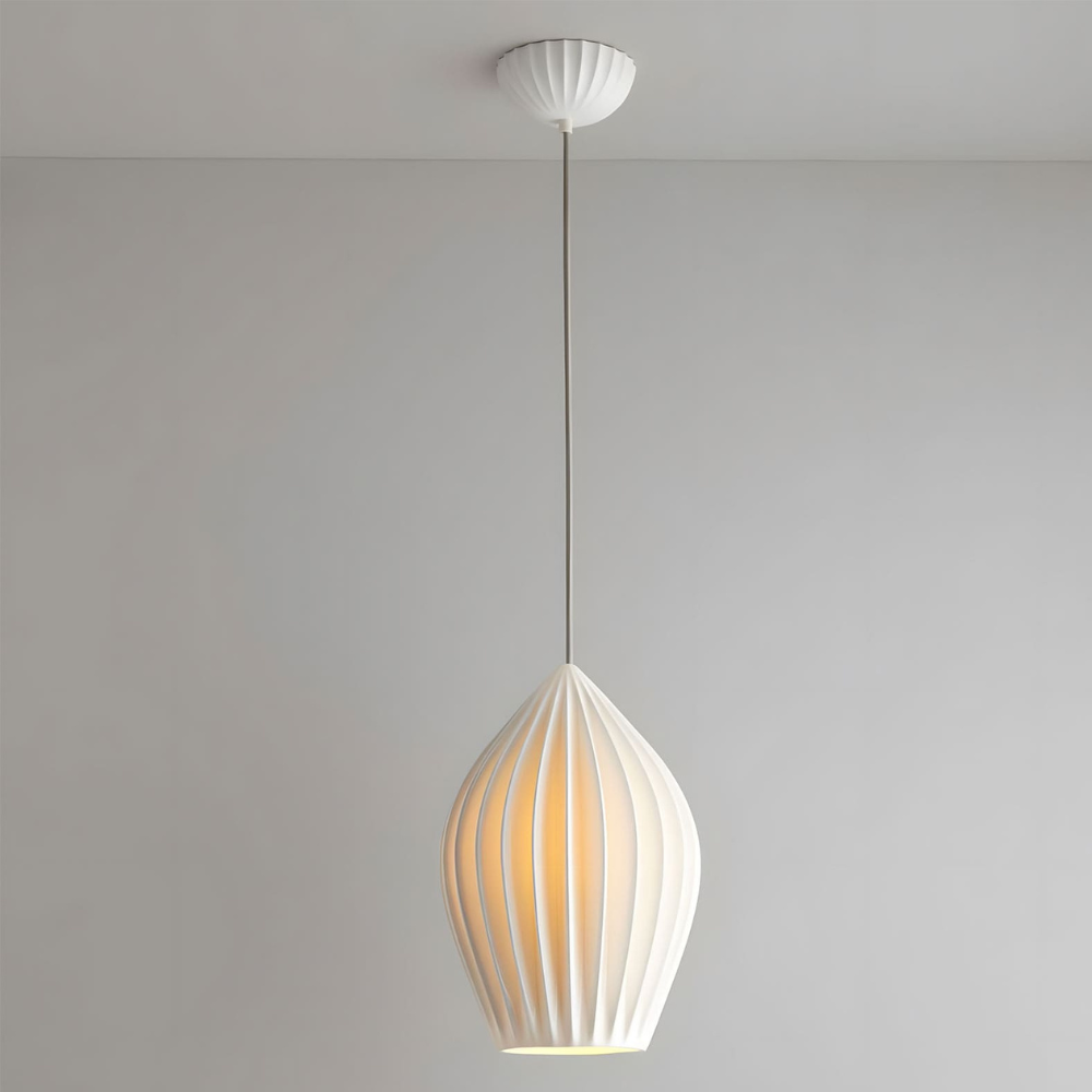Ceramic Pendant Light with Ribbed Teardrop Shade - Modern Coastal