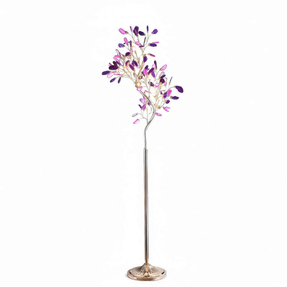 Stehlampe mit natürlichen Achatstein-Blättern und Metallgestell in Astform