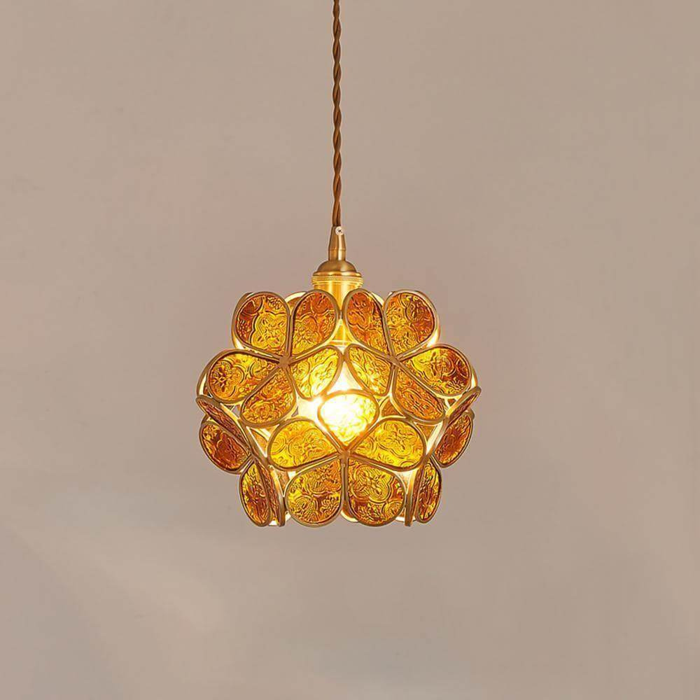 Lampe suspendue en verre floral avec ferrures en laiton - Art vintage moderne