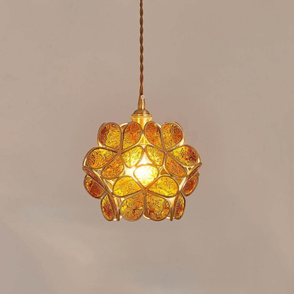 Floral Glass Hanging Lamp with Brass Hardware - Vintage Modern Art