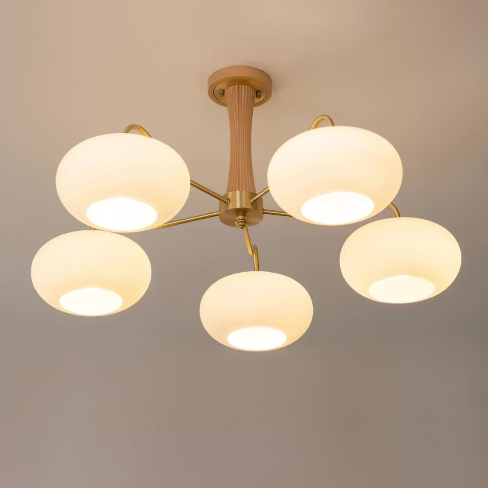 Chandelier with Walnut Wood and Persimmon Glass Shades - Modern Mid Century