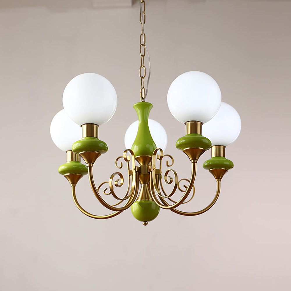 Chandelier with Milky Glass Globes and Scrollwork Frame - Vintage French Style