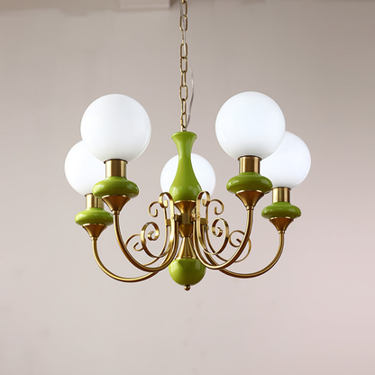 Chandelier with Milky Glass Globes and Scrollwork Frame - Vintage French Style